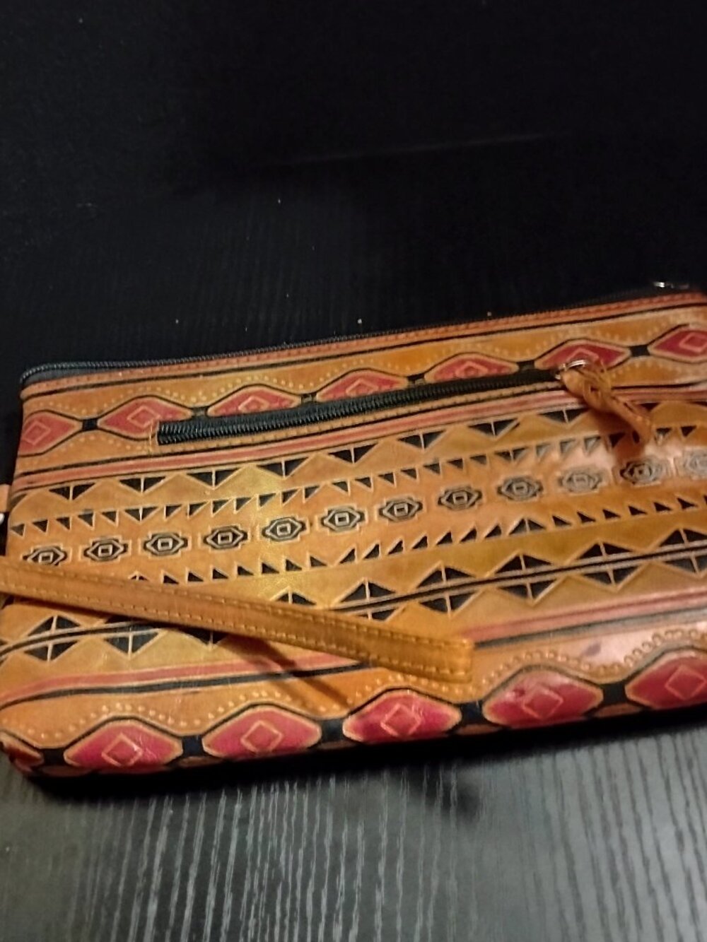 Aztec inspired wristlet embossed leather 9 3/4" × 6"